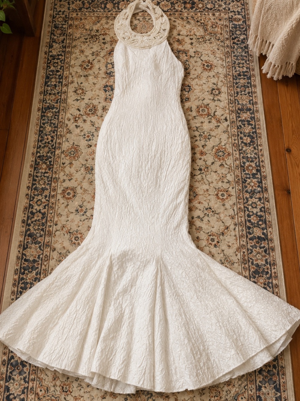 Ivory Beaded Pearl Halter Mermaid Bridal Gown